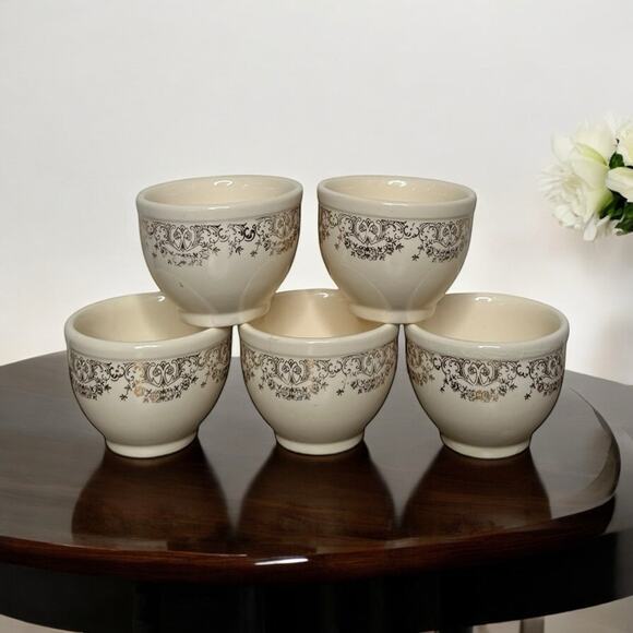 Vtg Nasco Ivory with Gold Floral Scroll Soup Fruit Cup Bowls Set of 5 2.75" Tall - Picture 1 of 10